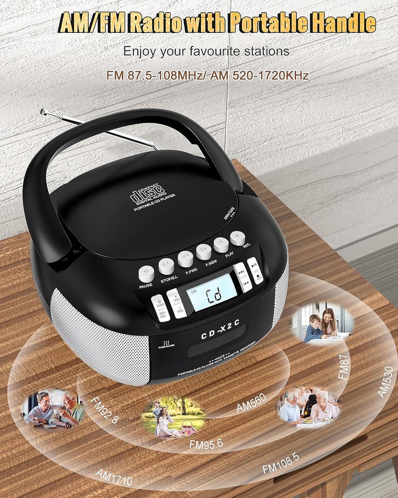 Sunoony مجموعة مشغل CD وكاسيت، مشغل CD محمول مع راديو AM/FM، تسجيل شريط، صوت ستيريو، يعمل بالتيار المتردد/المستمر، مدخل AUX/سماعة رأس، مؤقت نوم للاستخدام المنزلي، لكبار السن، الأطفال - Image 4